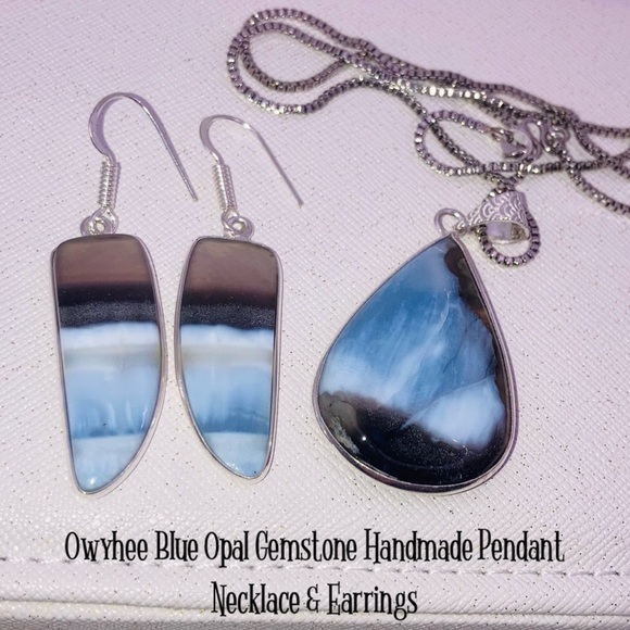 Owyhee Blue Opal Gemstone Handmade Pendant Necklace & Earrings Set - Picture 2 of 6